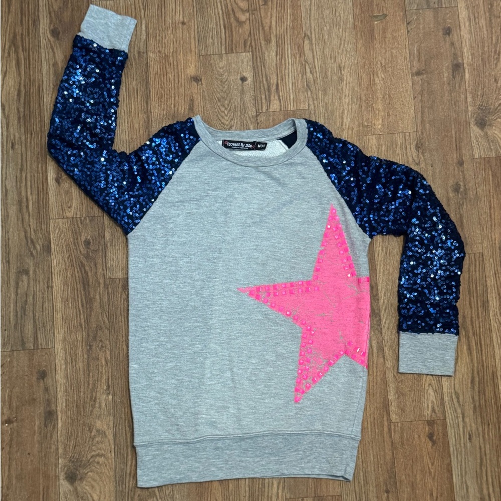 Flowers By Zoe Girls Sequin Baseball Tee Sweatshirt Crewneck Studded Star Sz 10